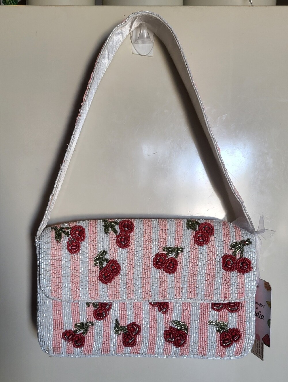 Beaded Bag With White And Pink Striped And Cherries